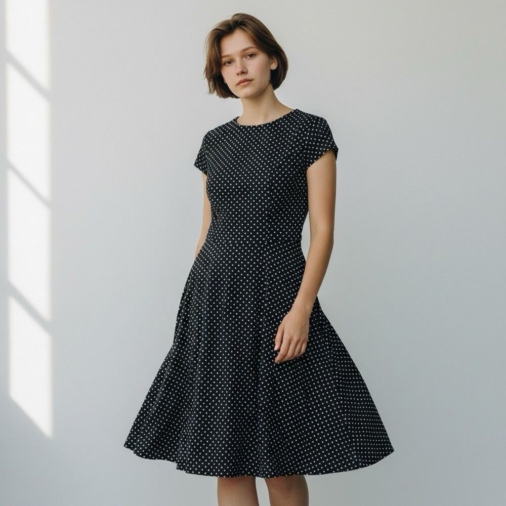 Retro Style Women’s Polkadot Black White Circle Skirt Dress With Cap Sleeves SzL